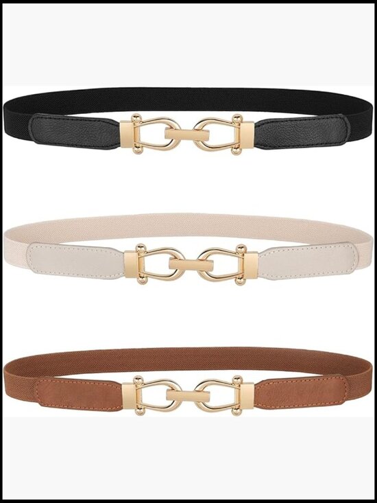 Women Skinny Elastic Stretch Waist Belt with Gold Buckle